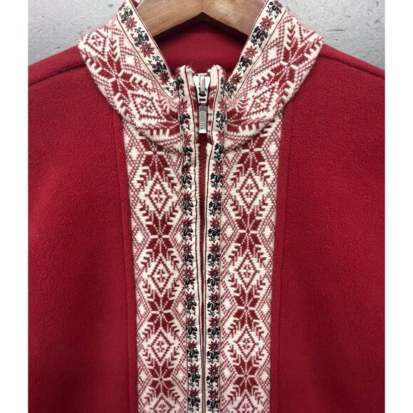 LL Bean Fleece Sweater Women M Red Nordic Fair Isle Full Zip Jacket Christmas - Picture 2 of 15